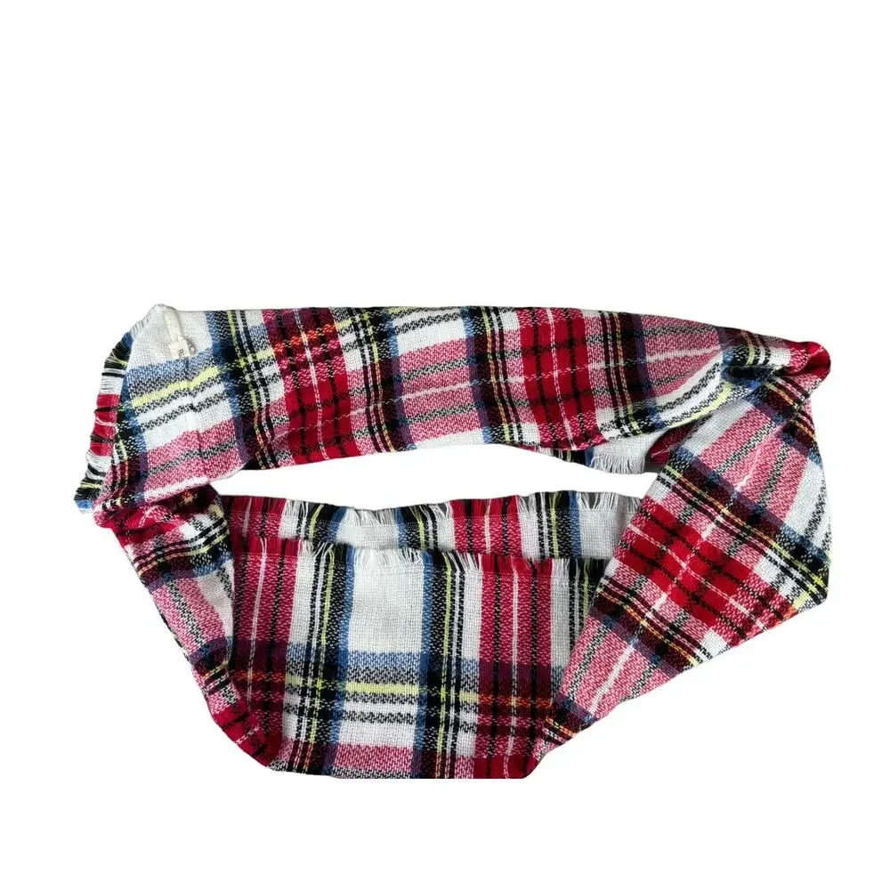 Ruggine Plaid Infinity Scarf with Fringe Red White Green Blue Yellow Acrylic
